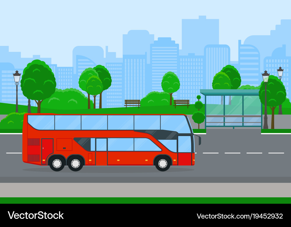 Red Shuttle Bus on Country Road Royalty Free Vector Image