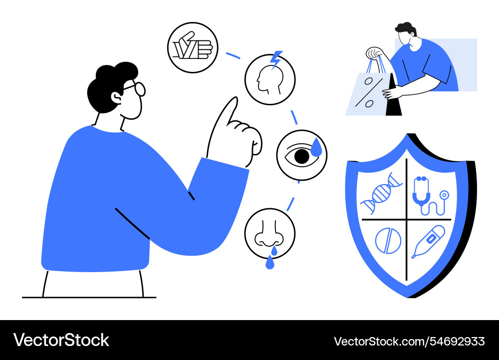 Man pointing at icons representing senses Man pointing at icons representing senses vector image