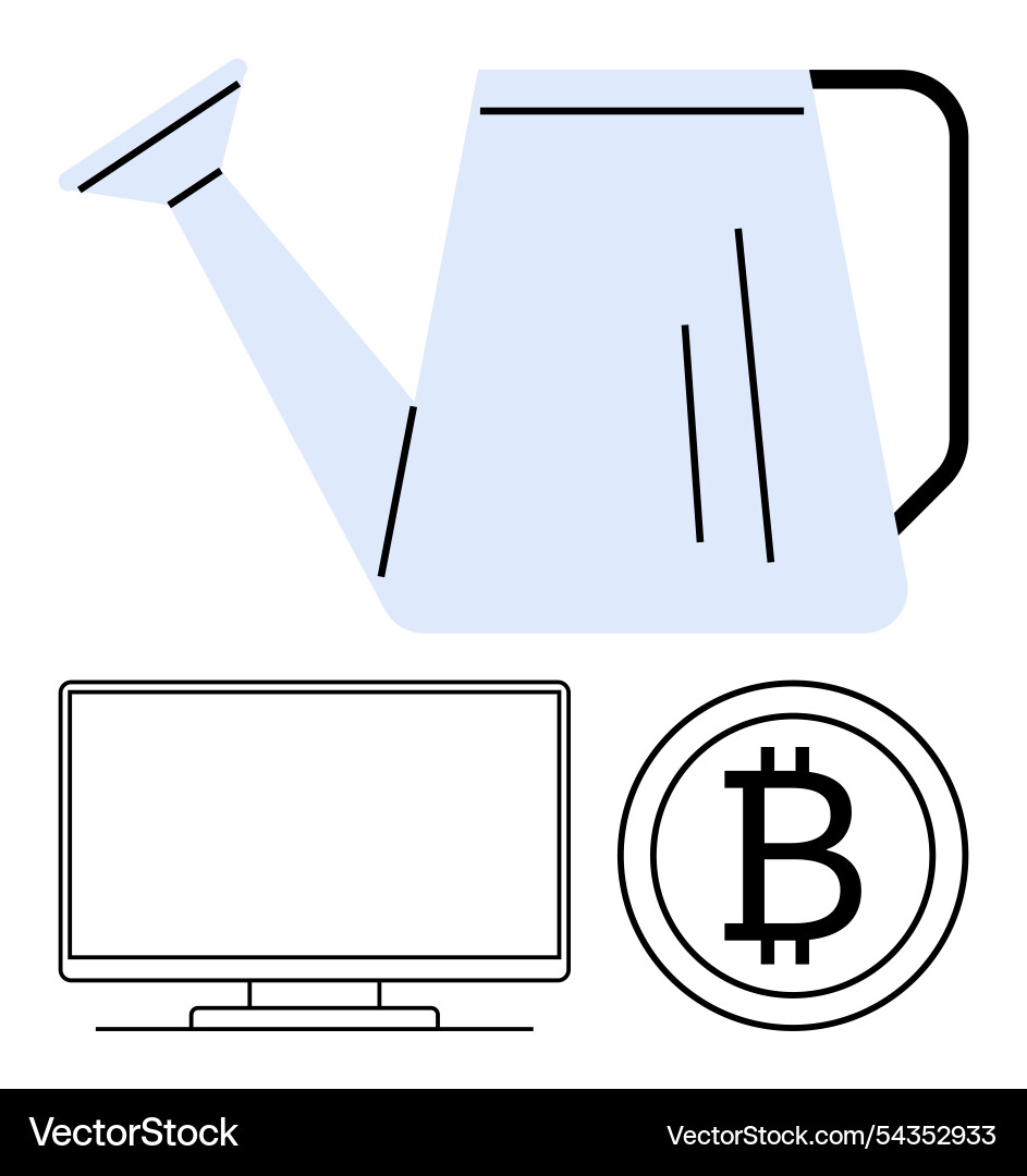Watering can with bitcoin symbol beside computer Watering can with bitcoin symbol beside computer vector image