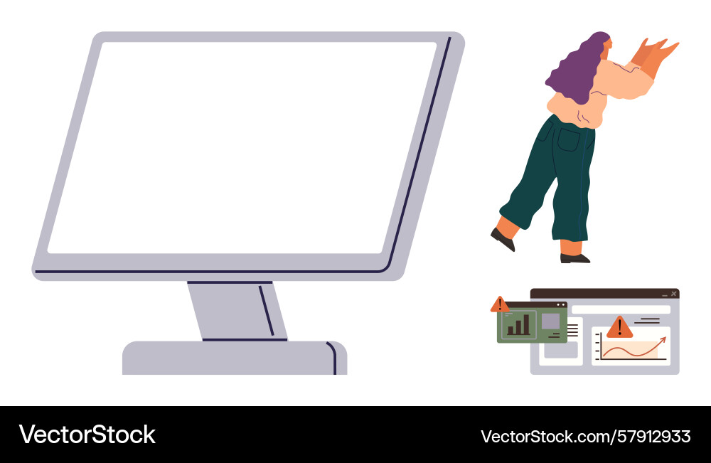 Woman analyzing computer screen for error alerts Woman analyzing computer screen for error alerts vector image