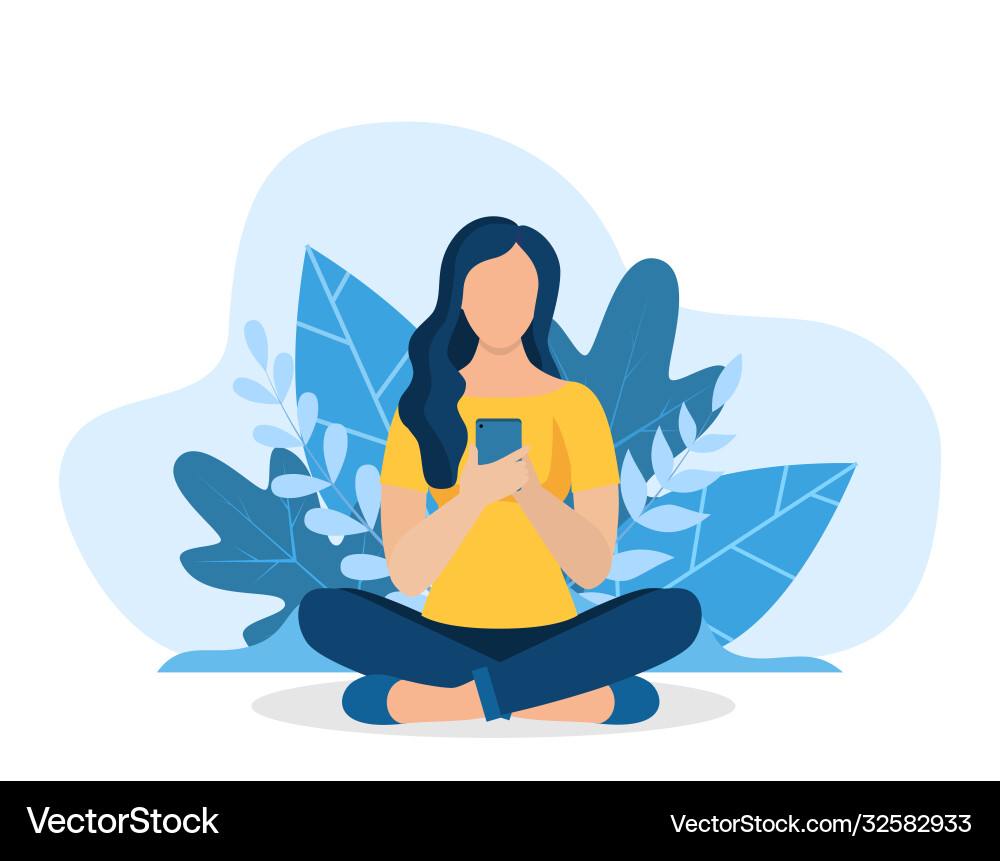 Young girls using phone sitting legs crossed Young girls using phone sitting legs crossed vector image