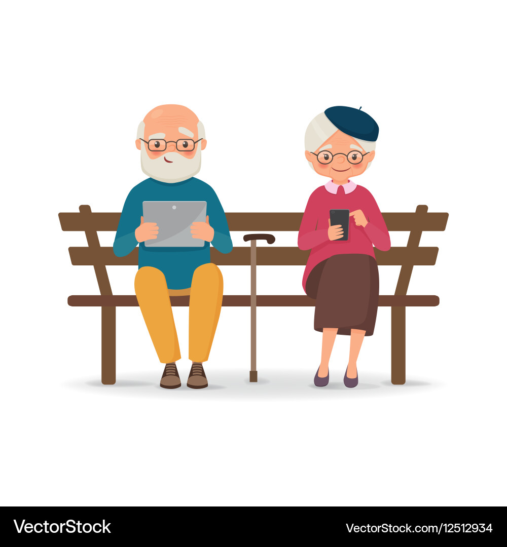 An elderly couple sitting on a bench with gadgets vector image