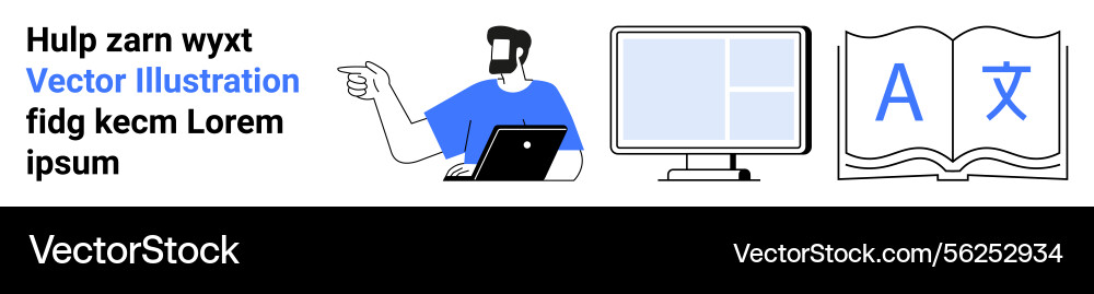 Man with laptop gesturing towards computer screen Man with laptop gesturing towards computer screen vector image