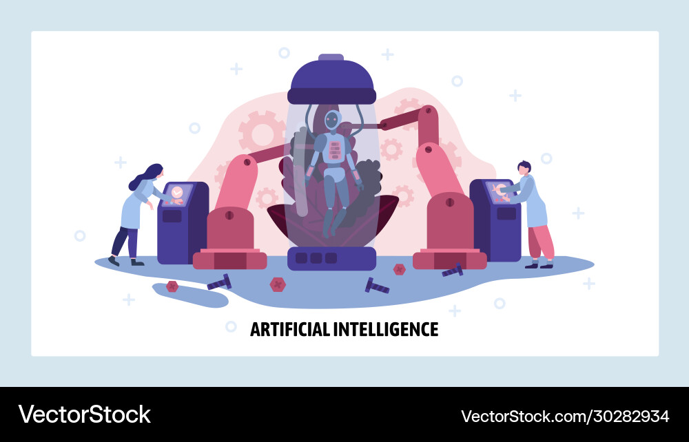 People build robot with artificial intelligence People build robot with artificial intelligence vector image