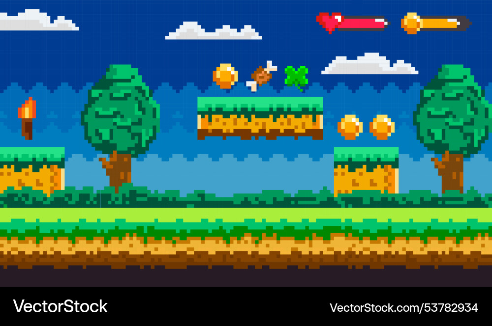 Retro style pixelated platformer game scene Retro style pixelated platformer game scene Vector Image