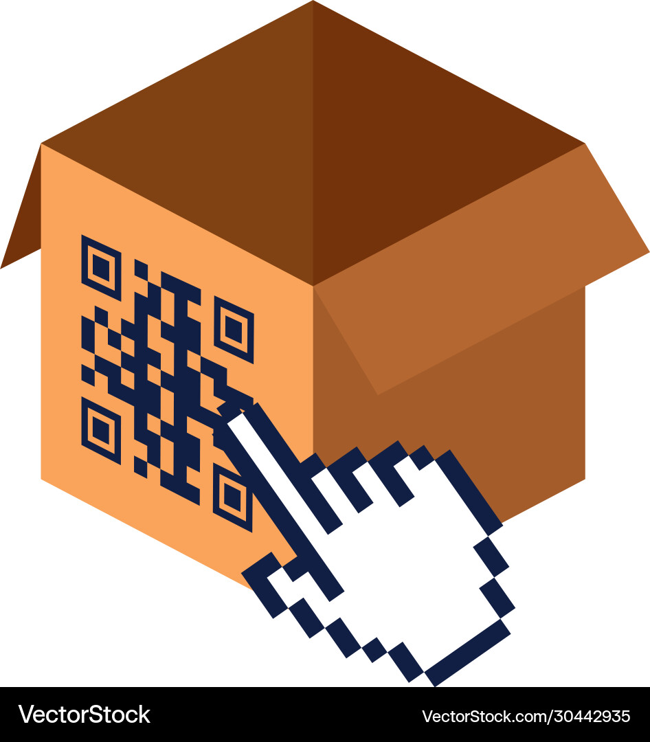 Qr code over box and cursor hand design vector image