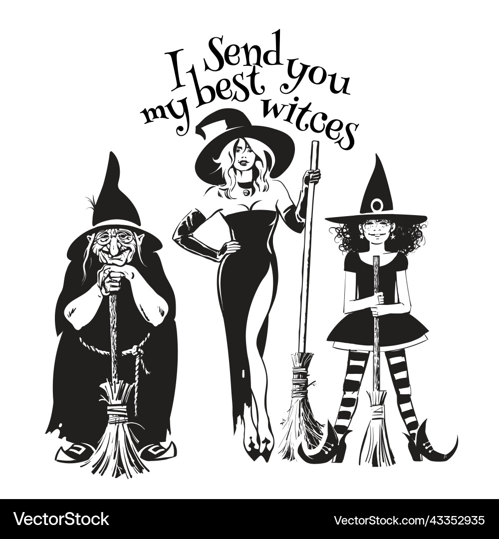 Three hand drawn witches holding broom sticks Three hand drawn witches holding broom sticks vector image