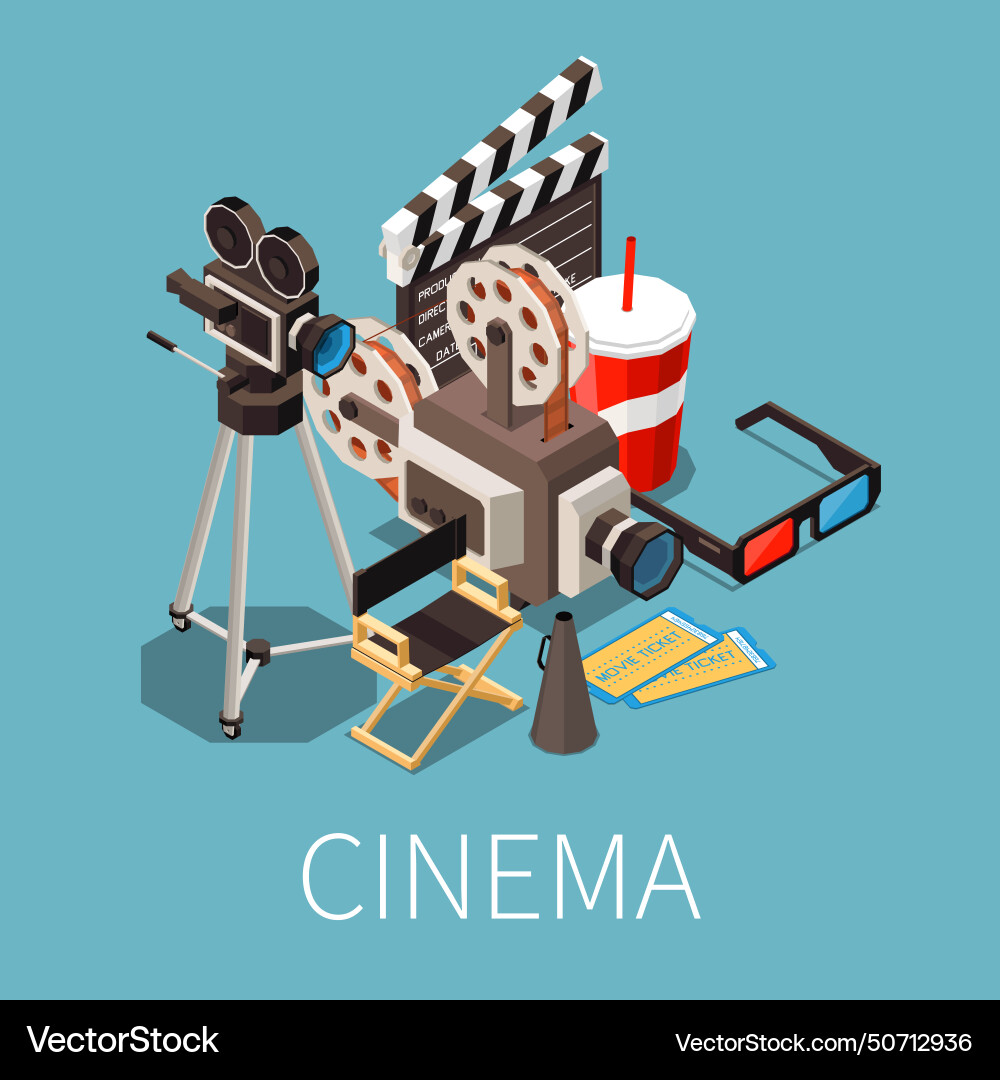 Cinema essentials isometric composition Royalty Free Vector