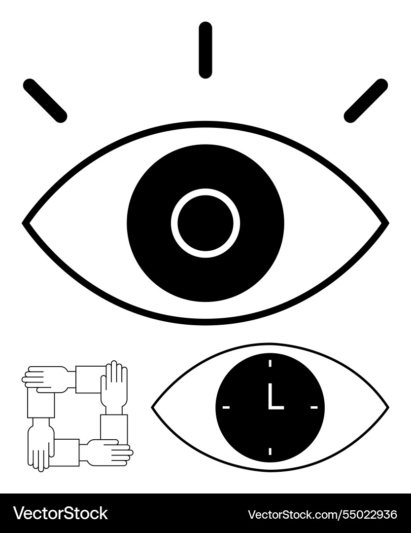 Eye symbol with teamwork hands and clock Eye symbol with teamwork hands and clock vector image