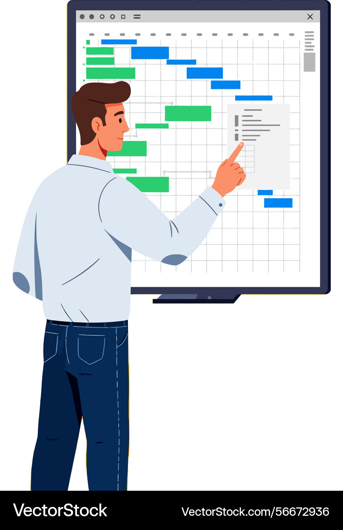 Man pointing at project timeline chart on digital Vector Image