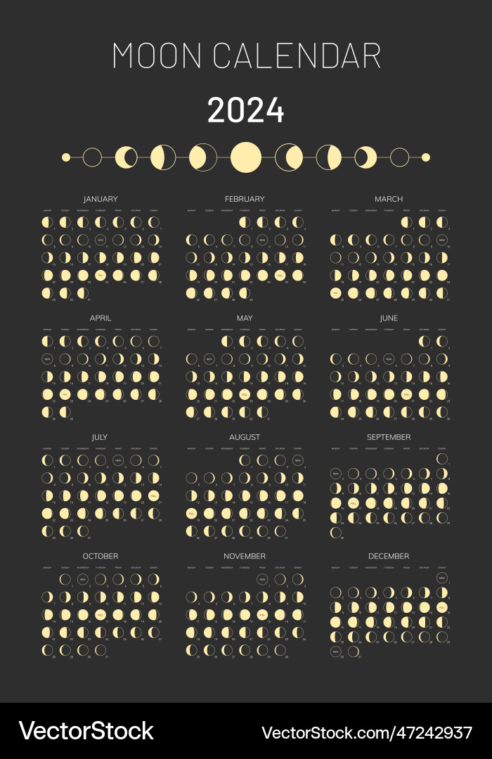 2024 Jahr Mond Kalender Vorlage Mond monatlich Vektorbild