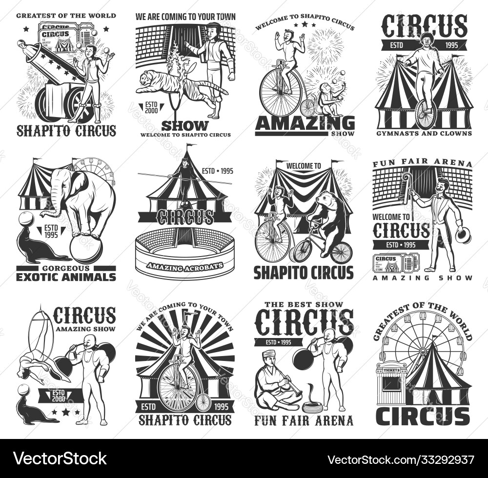 Big top circus performances engraved icons Big top circus performances engraved icons vector image