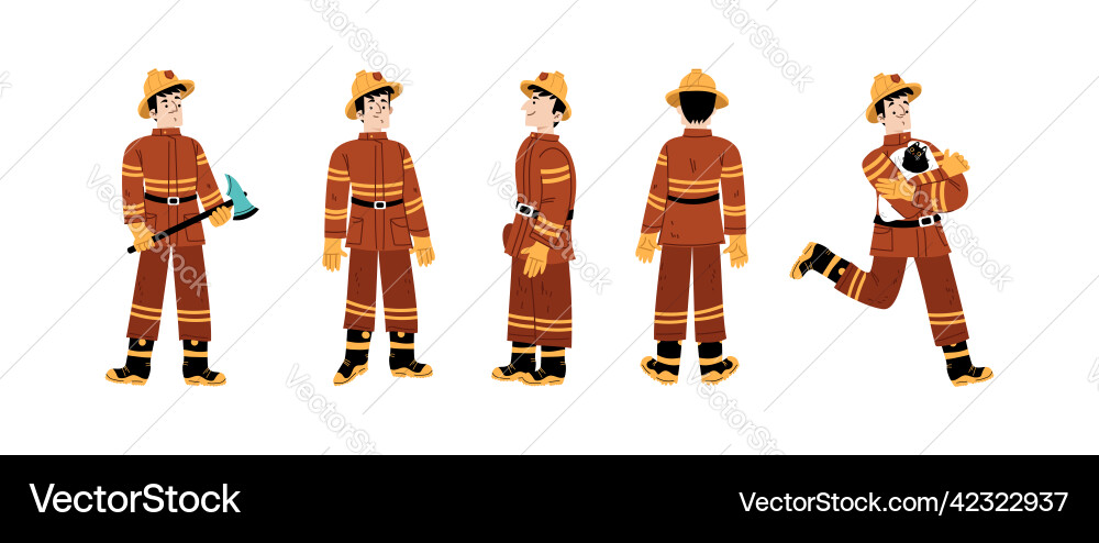 Fireman in helmet front side and back view Vector Image