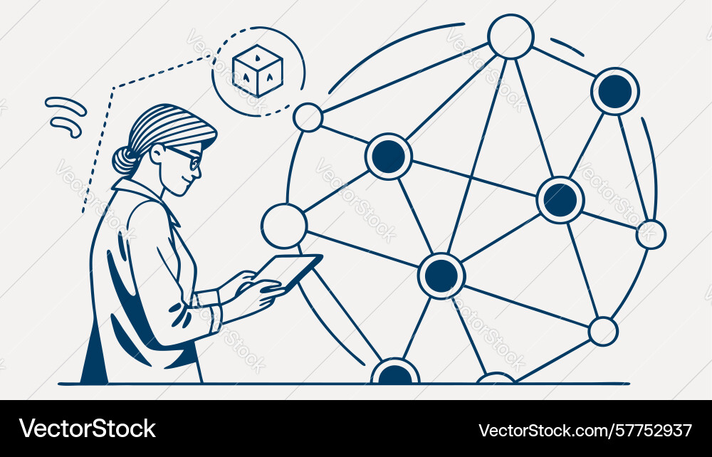 User interacting with tablet in global network vector image