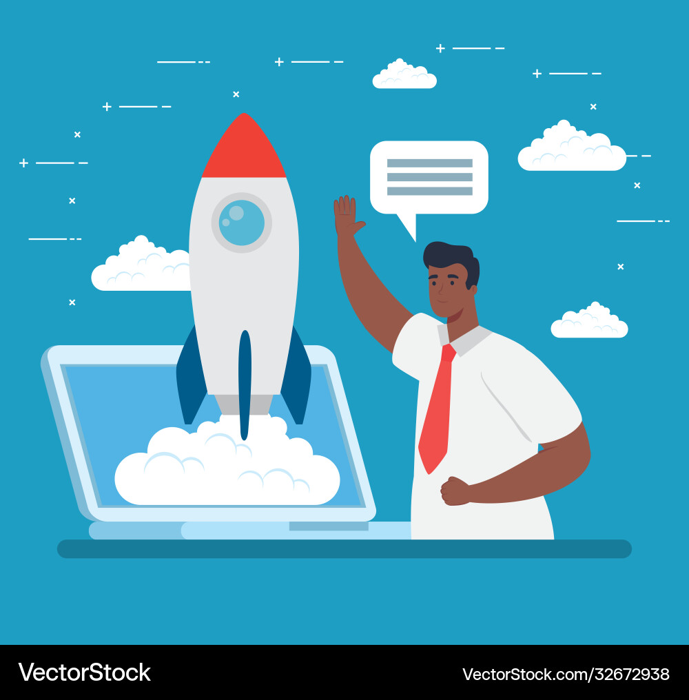 Man with start up rocket in laptop design vector image