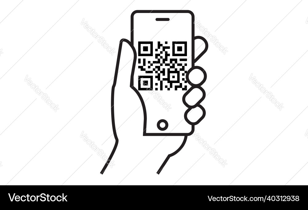 Qr code hand smartphone icon line scan symbol Qr code hand smartphone icon line scan symbol vector image