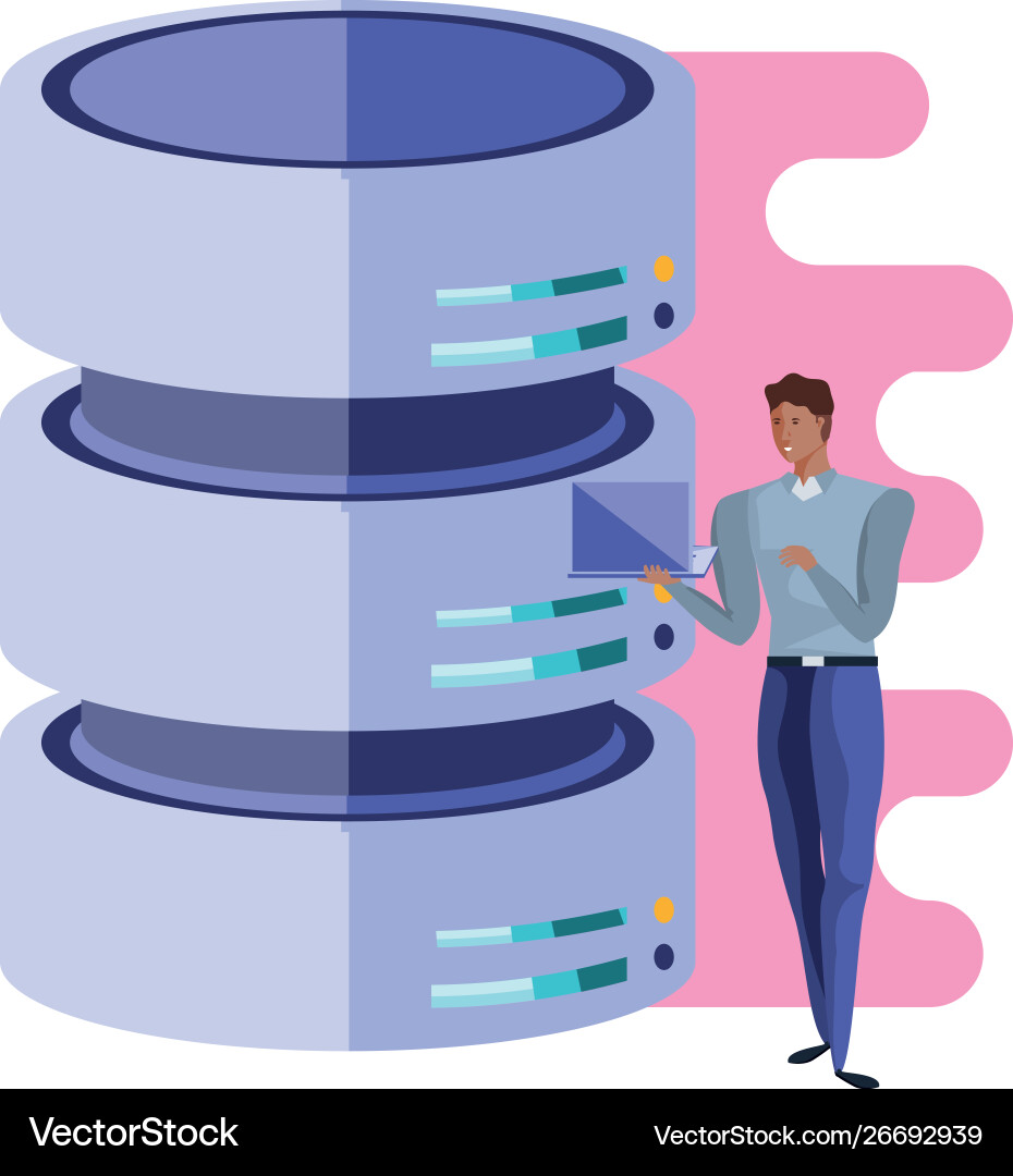 Business man with laptop and data center disks vector image