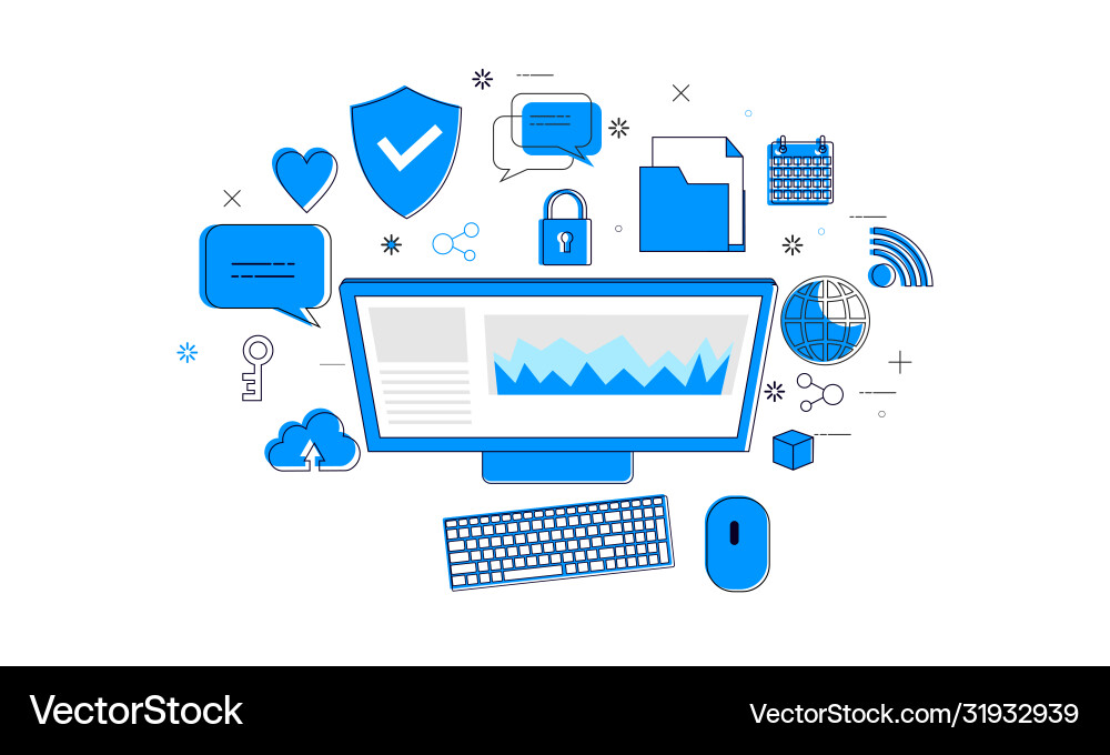 Computer with statistics infographics and set Vector Image