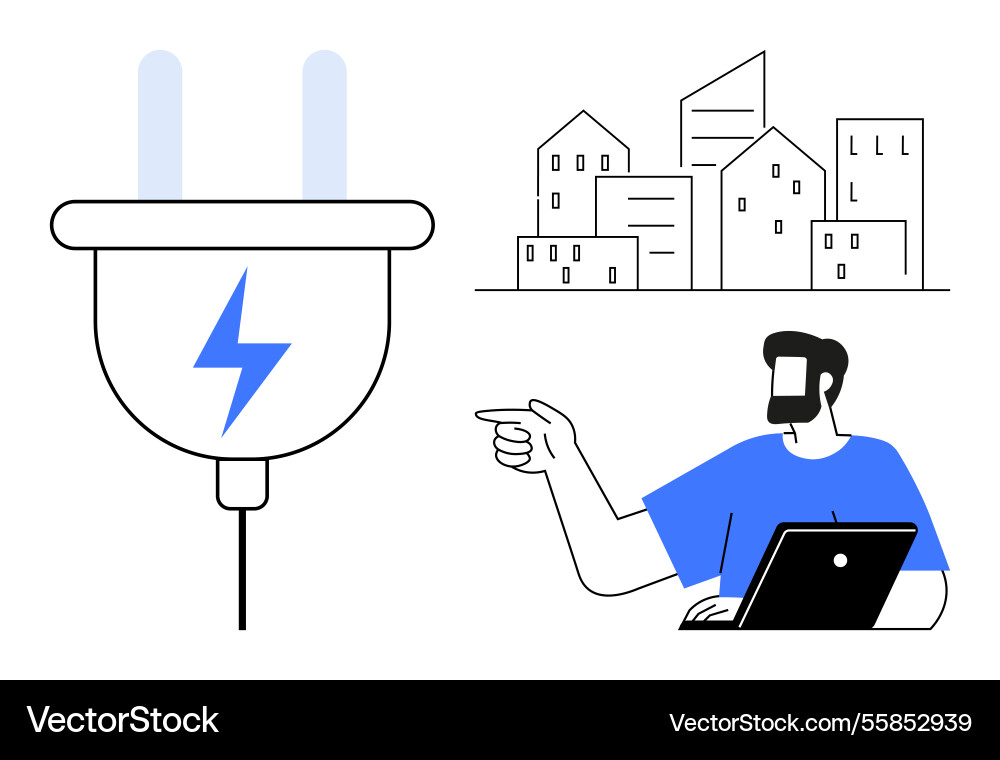 Man pointing while using laptop plug Man pointing while using laptop plug vector image