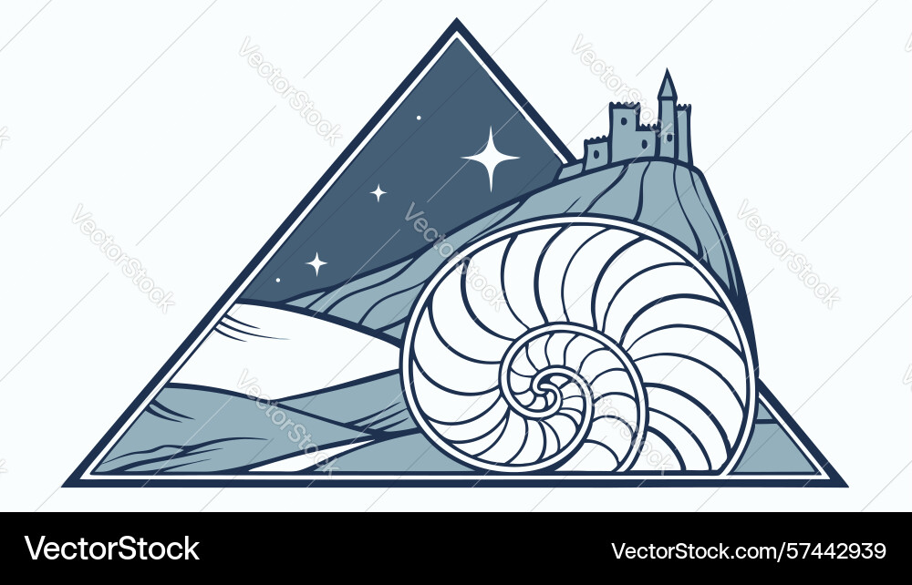 Nautilus shell with abstract mountains and starry vector image