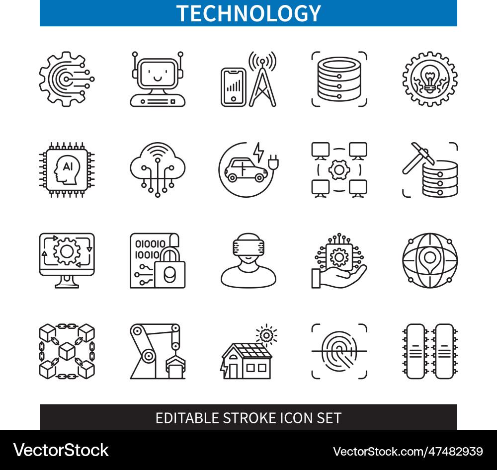 Tech Editable Stroke Icon Set vector image