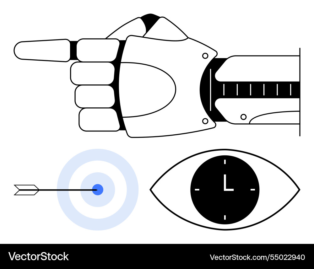 Robotic hand pointing target with arrow clock Robotic hand pointing target with arrow clock vector image