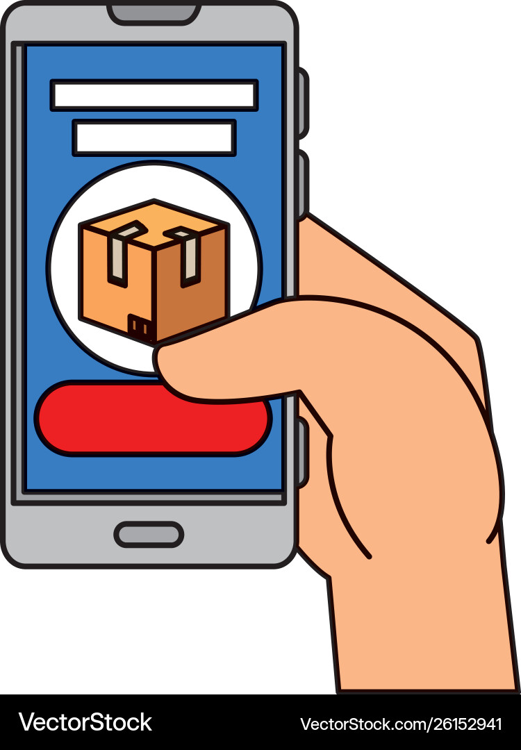 Hand using smartphone with delivery box app Hand using smartphone with delivery box app Vector Image