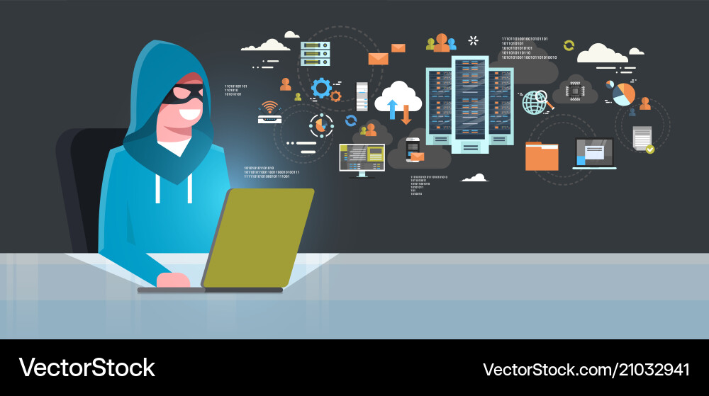 Man black mask sitting at computer hacker activity Man black mask sitting at computer hacker activity vector image