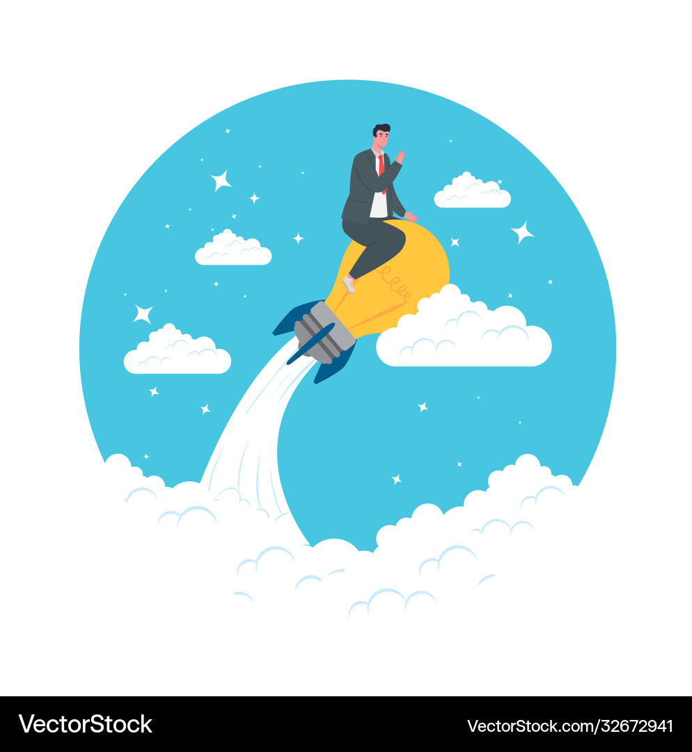 Man with start up light bulb rocket at sky Vector Image