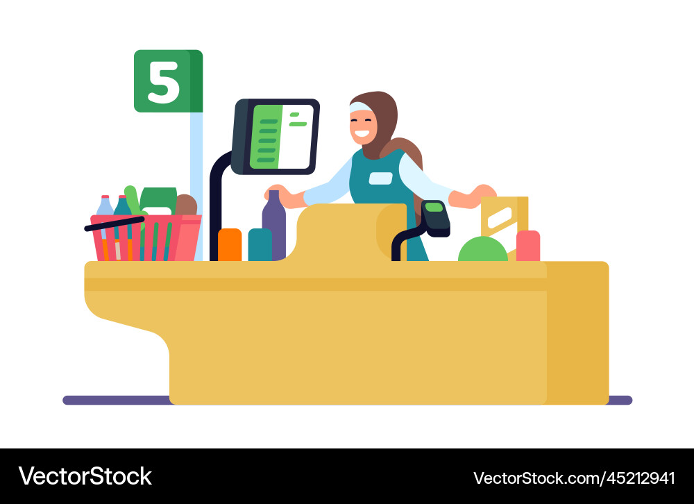Muslim woman cashier supermarket worker female Muslim woman cashier supermarket worker female vector image