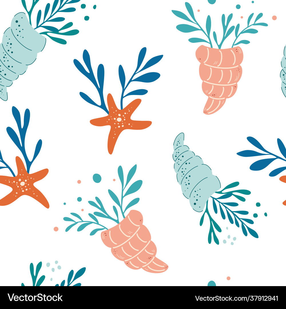 Seamless pattern with seashells algae Seamless pattern with seashells algae vector image