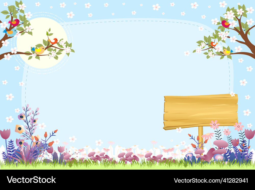 Spring background with flower fields and cherry Spring background with flower fields and cherry vector image