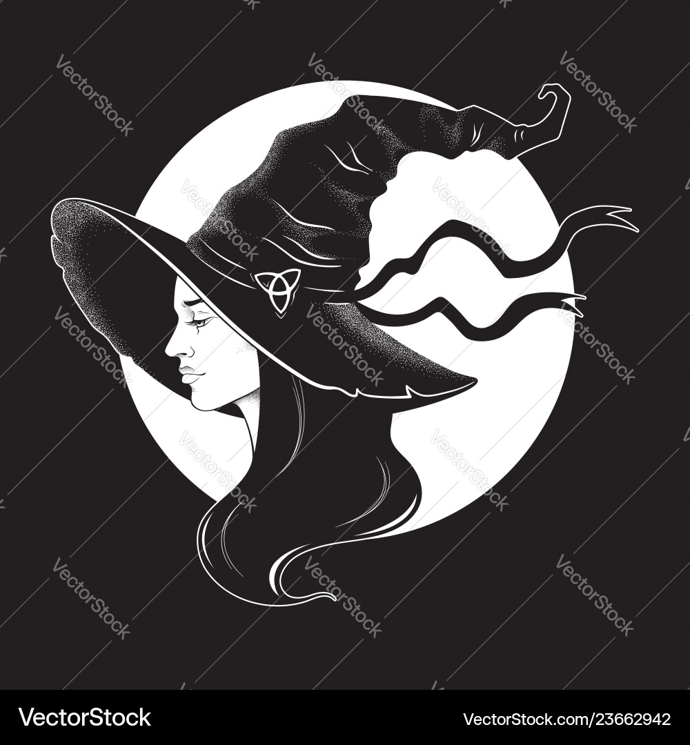 Beautiful brunette witch in pointy hat line art Beautiful brunette witch in pointy hat line art vector image