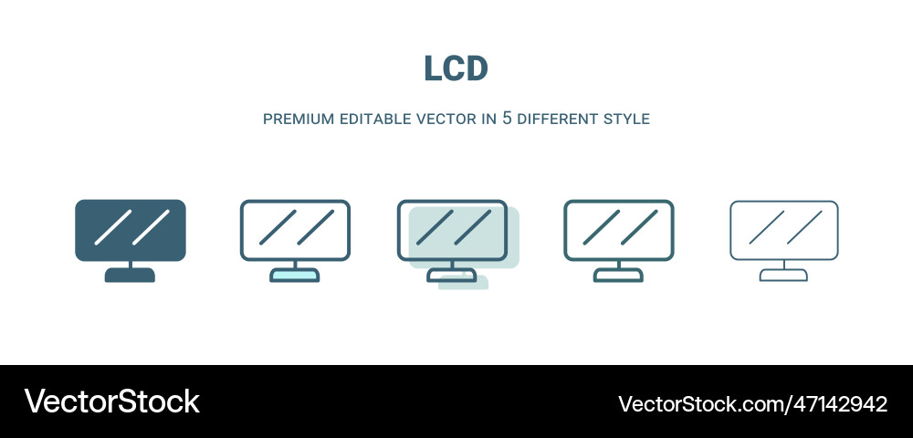Lcd icon in 5 different style outline filled two Vector Image
