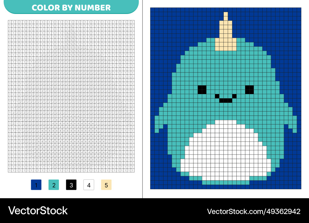 Narwhal squishmallow color by number pixel vector image