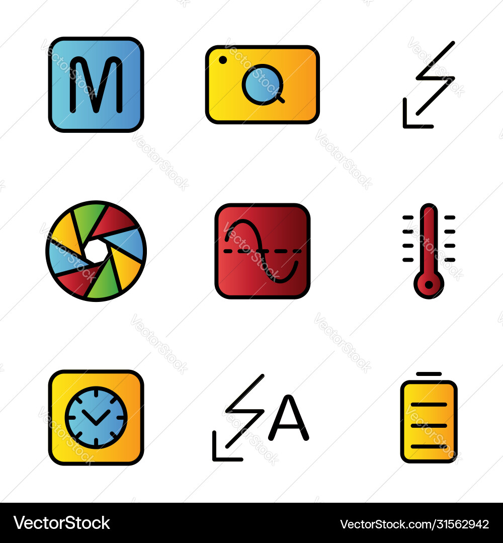Photo editor icon set include camera manual Photo editor icon set include camera manual vector image