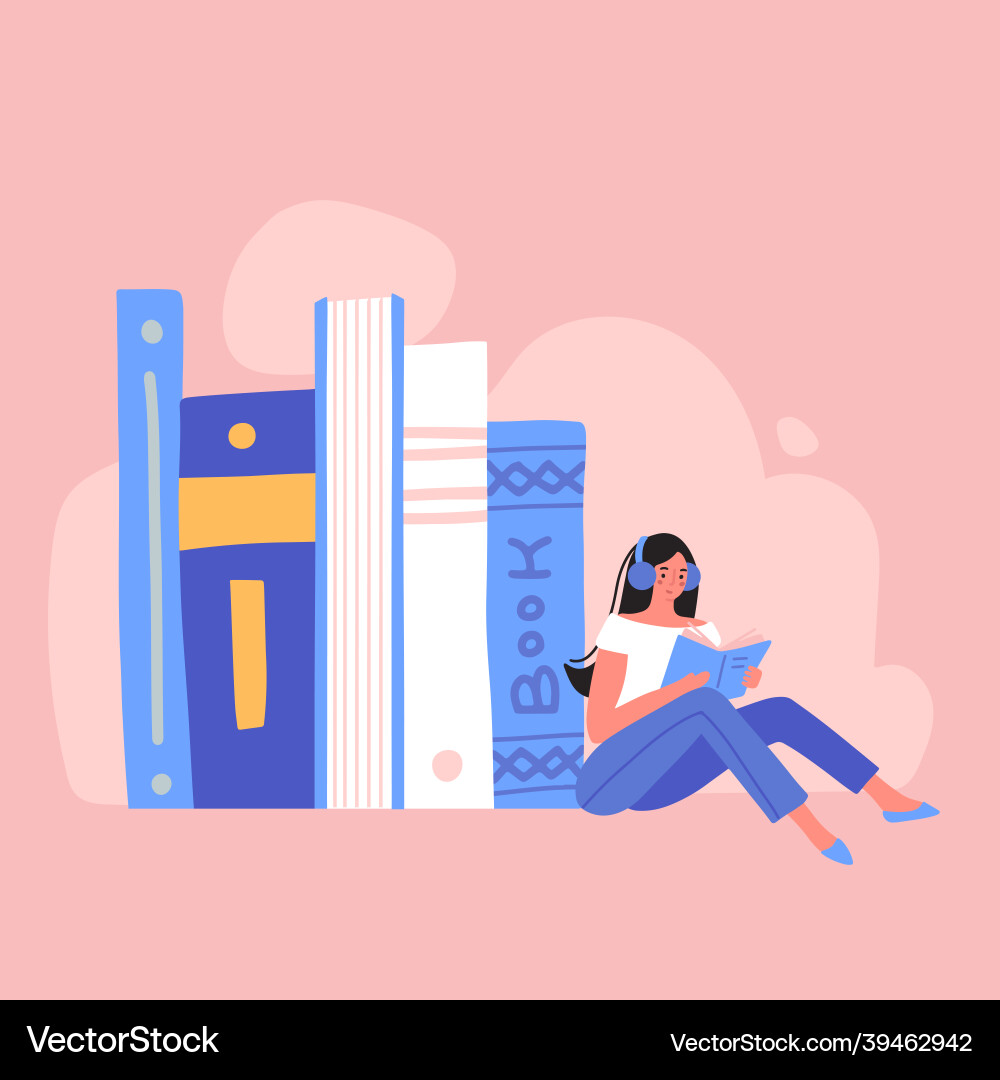 Young woman sitting near a pile of books vector image