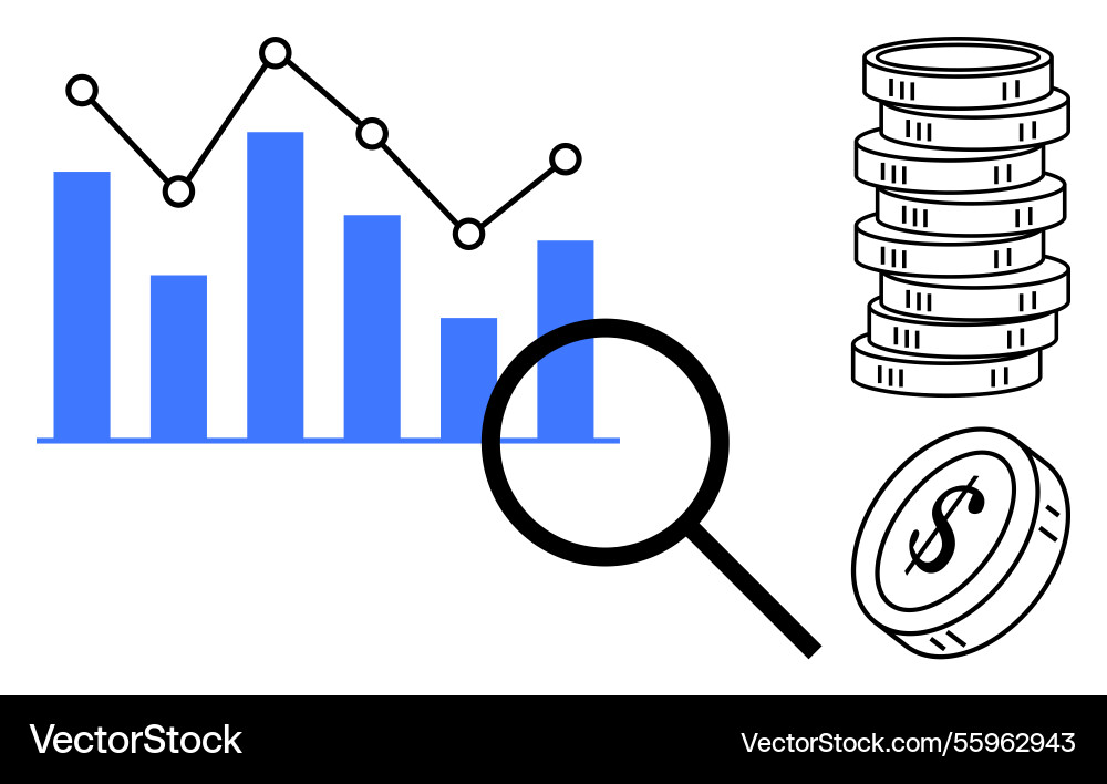 Financial data analysis with bar graph magnifying Vector Image