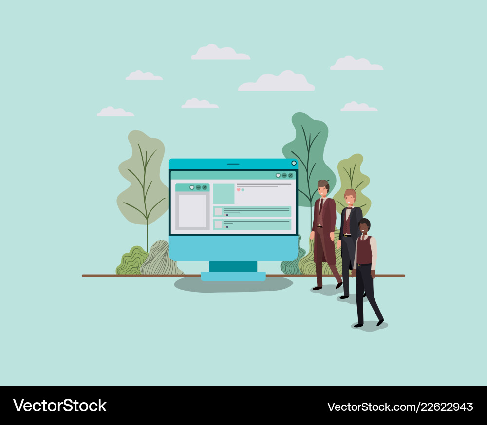 Mini people working in computer desktop Mini people working in computer desktop Vector Image