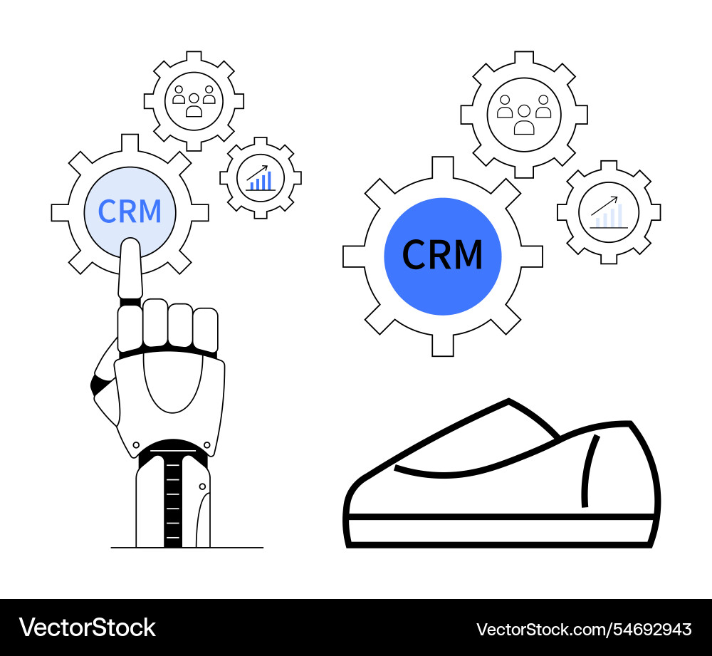 Robot hand pointing to crm gear with analytics Robot hand pointing to crm gear with analytics vector image