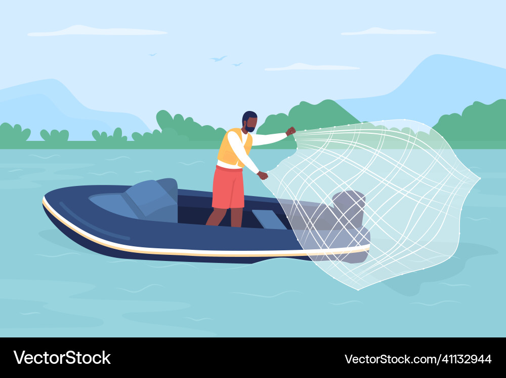 Catching fish with casting net flat color Catching fish with casting net flat color Vector Image