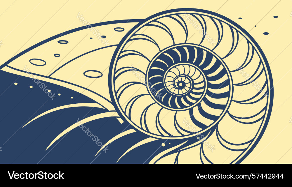 Nautilus shell by ocean shore with abstract swirl vector image