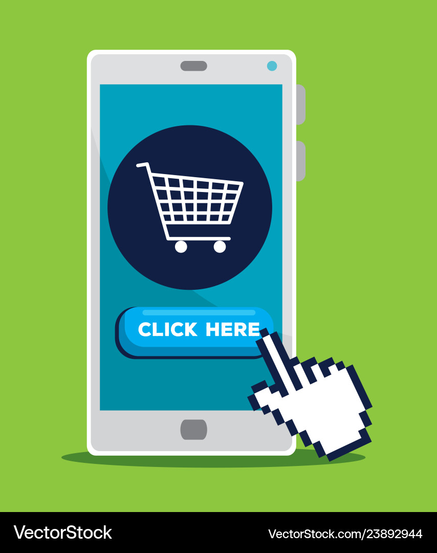 Smartphone mit Handpointer Cursor und Shopping Smartphone mit Handpointer Cursor und Shopping vektorbild