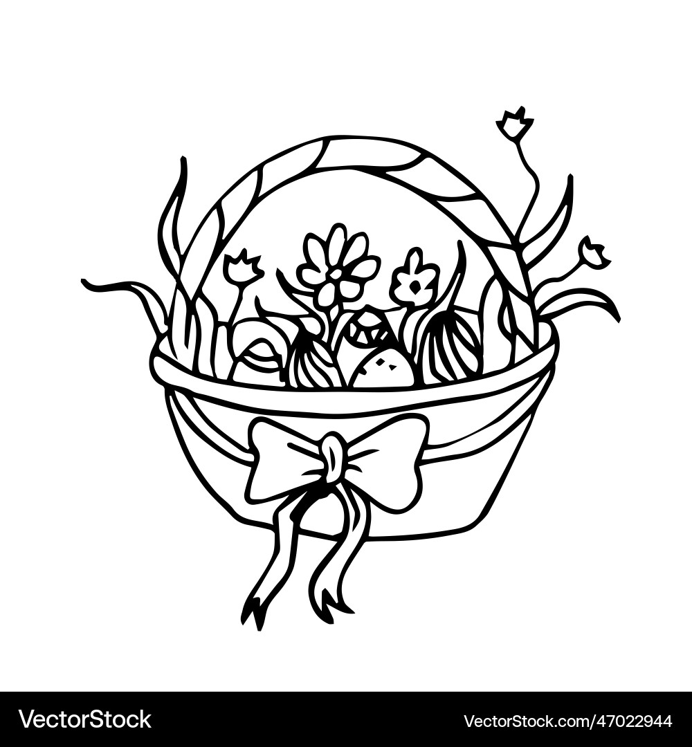 Wicker basket with flowers ribbons and easter Wicker basket with flowers ribbons and easter vector image