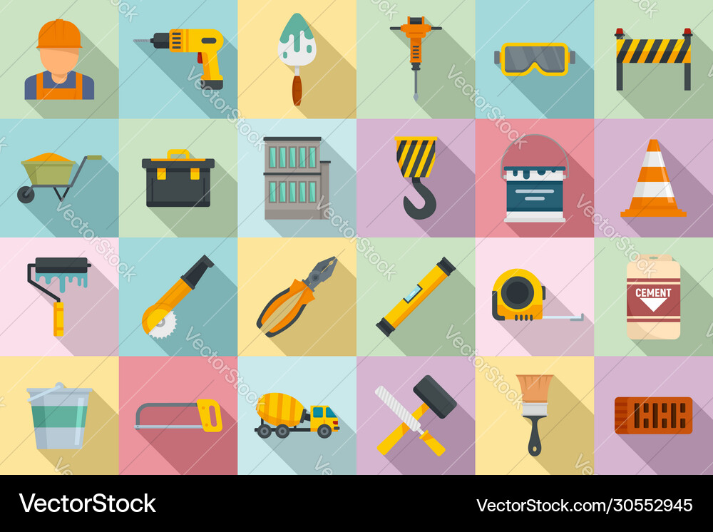 Building reconstruction icons set flat style Building reconstruction icons set flat style vector image