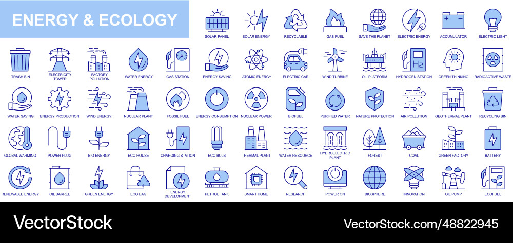 Energy and ecology web icons set in blue line vector image