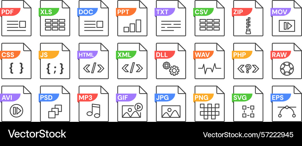 Lineare Formatsymbole mit verschiedenen pdf Vektorbild