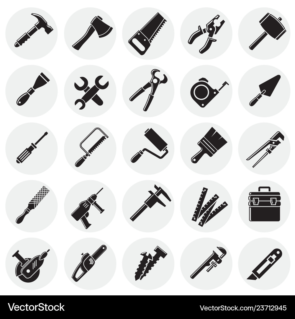 Tools icons set on circles background for graphic vector image