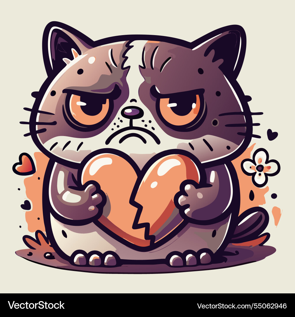 Grumpy cat with broken heart Vector Image