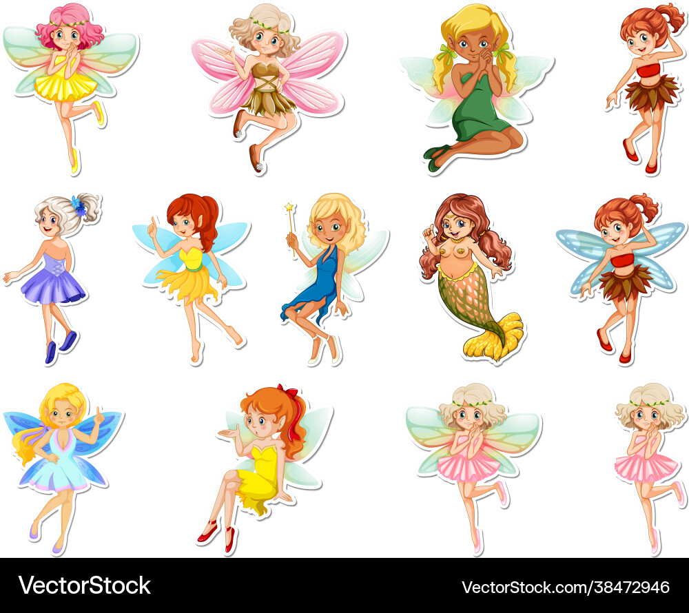 Set stickers with beautiful fairies vector image